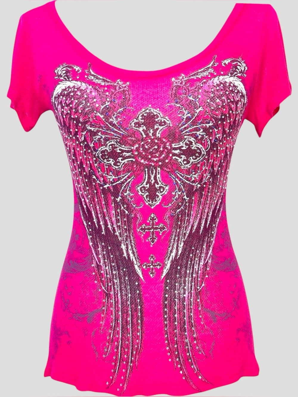 Rhinestone Angel Wings Rose Cross Top S Cyber Y2K Mall Goth From LA By Bus Stop